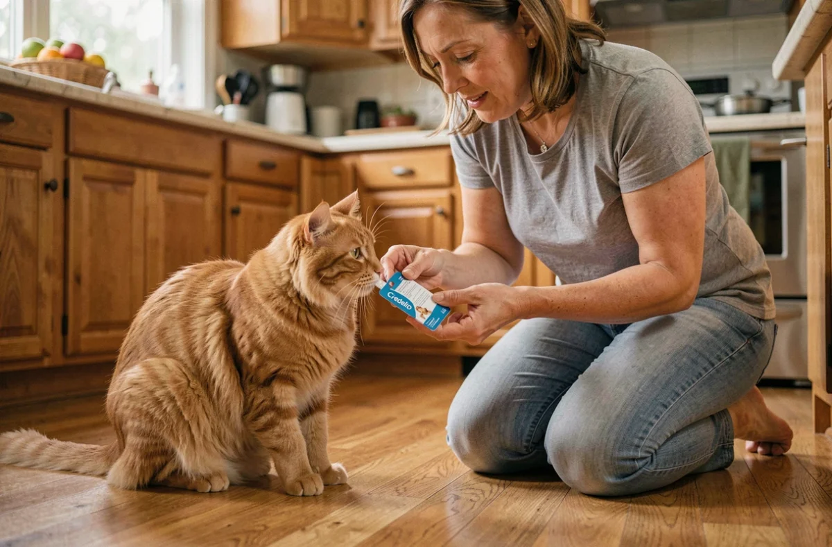 Propriétaire administrant un comprimé antiparasitaire Credelio à son chat roux dans une cuisine, traitement contre les puces