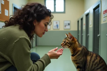 Femme adoptant un chat tigré dans un refuge animalier à Lyon, tendant la main vers le félin dans une salle d'adoption propre et organisée
