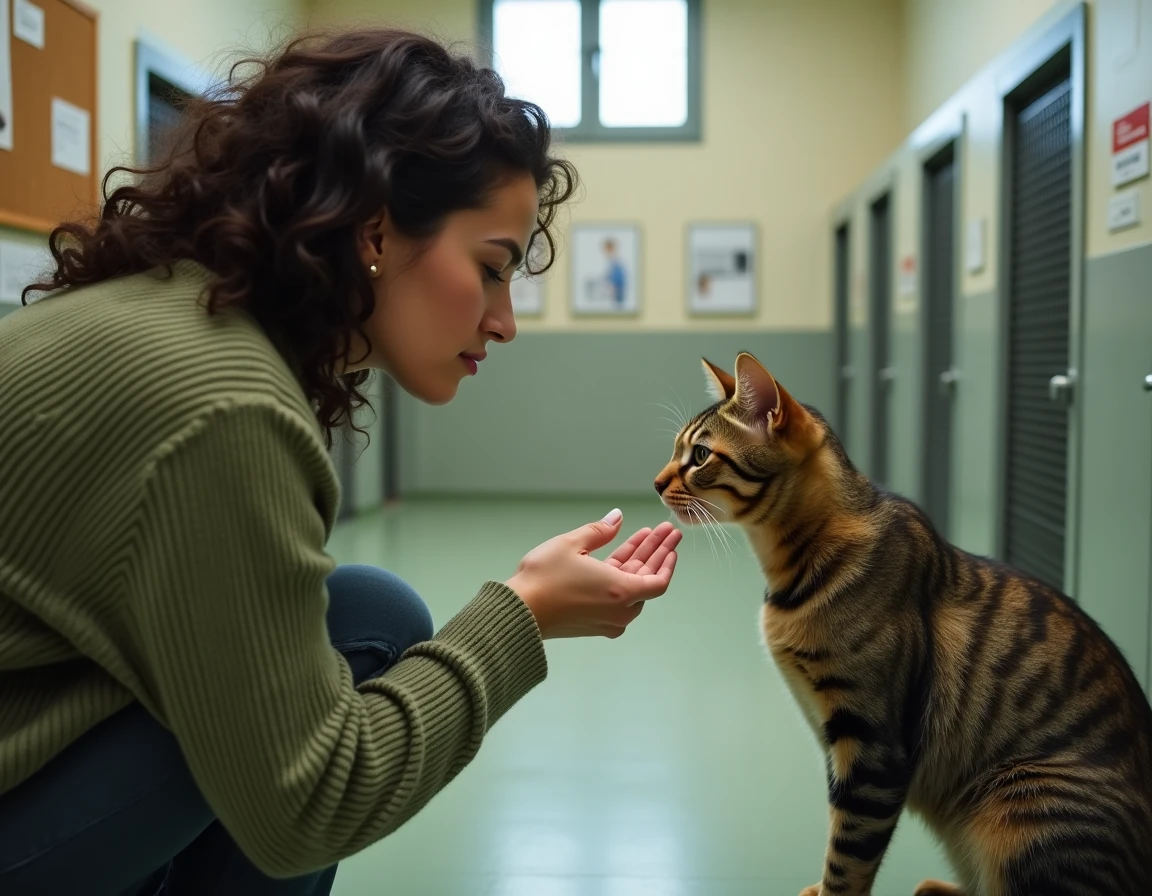 Femme adoptant un chat tigré dans un refuge animalier à Lyon, tendant la main vers le félin dans une salle d'adoption propre et organisée