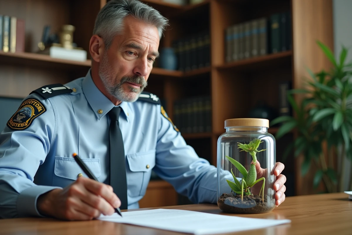Agent des douanes examinant une mante religieuse dans un terrarium