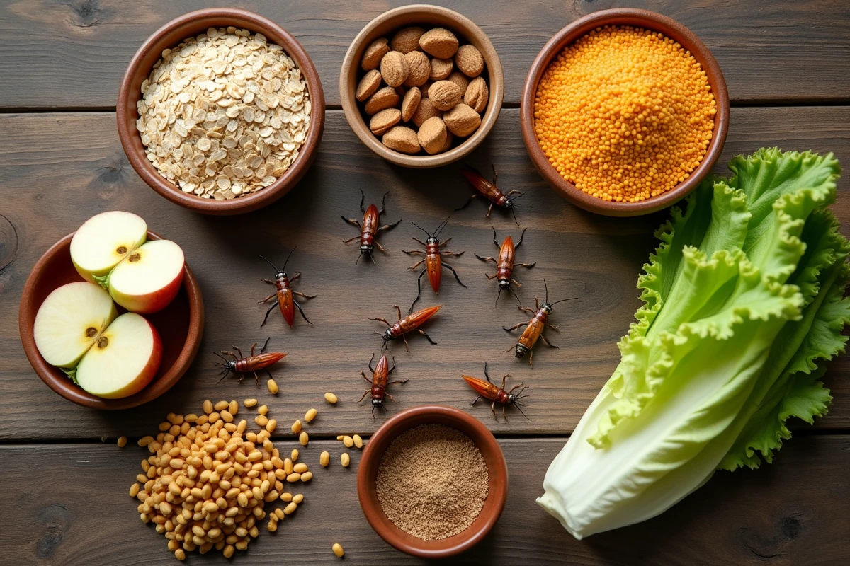 Vue aérienne des aliments essentiels pour faire grossir les grillons rapidement, disposés sur une table en bois