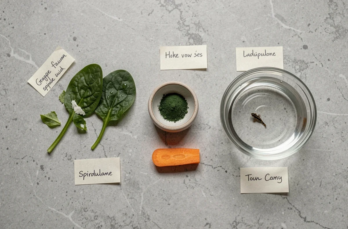 Vue de dessus des aliments maison pour têtard disposés sur un comptoir en pierre : épinard blanchi, spiruline, carotte bouillie et bocal d'eau avec têtard