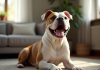 American Bulldog calme dans un salon chaleureux