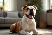 American Bulldog calme dans un salon chaleureux