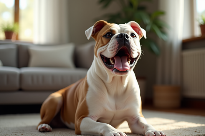 American Bulldog calme dans un salon chaleureux