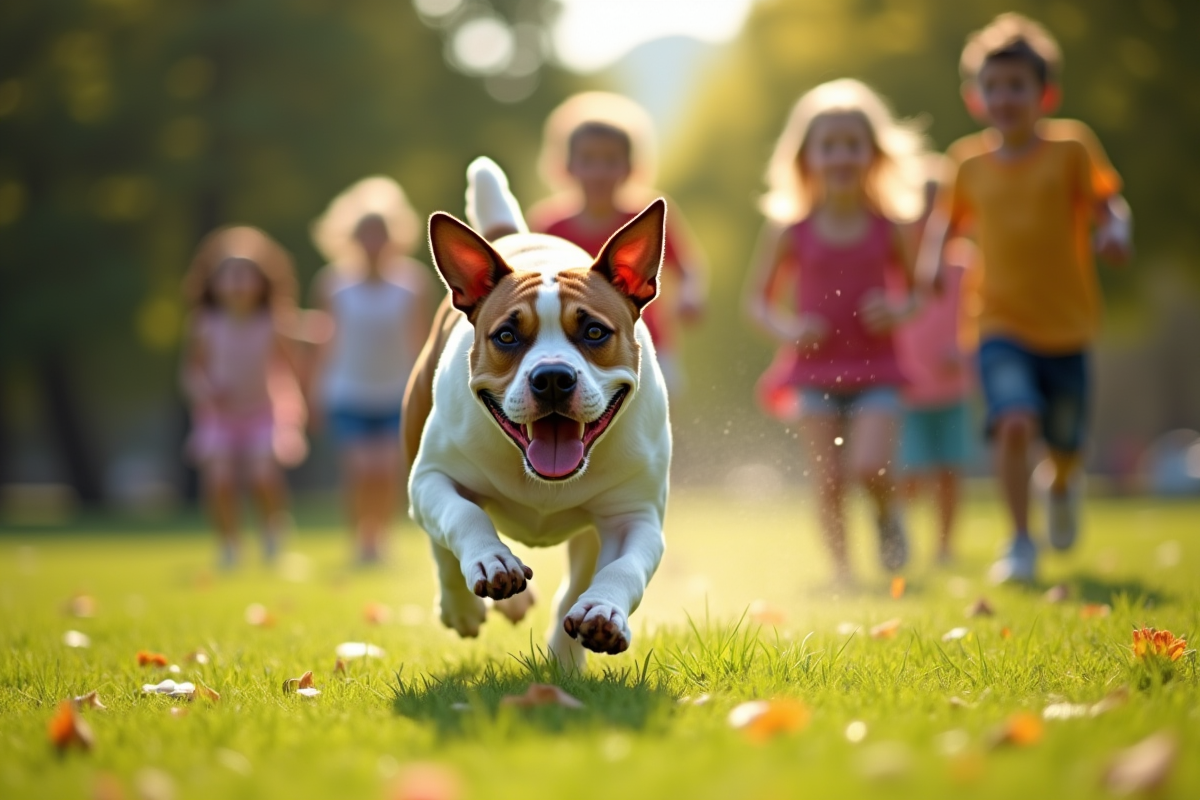 American Bulldog jouant dans un parc avec des enfants