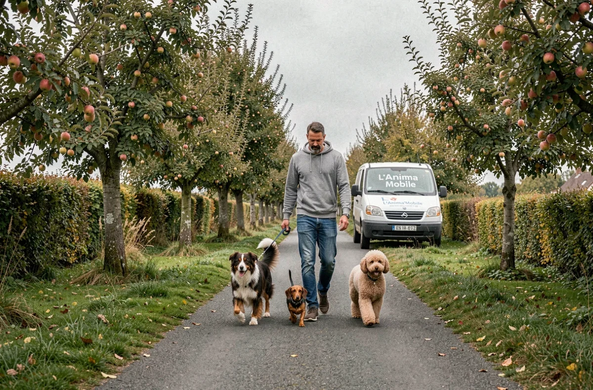 Pet sitter promenant trois chiens sur un chemin normand pour le service itinérant L'Anima'Mobile dans la Manche