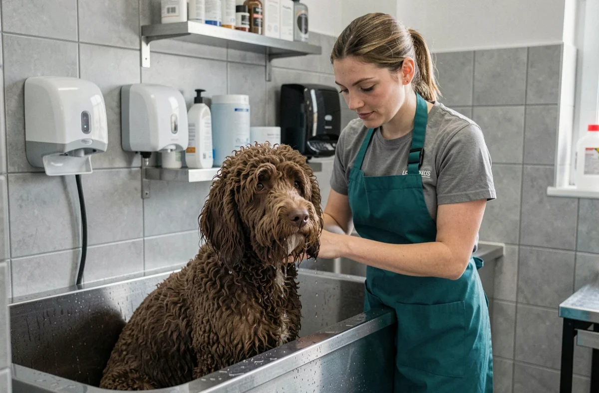 Toiletteuse donnant un bain à un labradoodle dans le salon Anima Mouss'