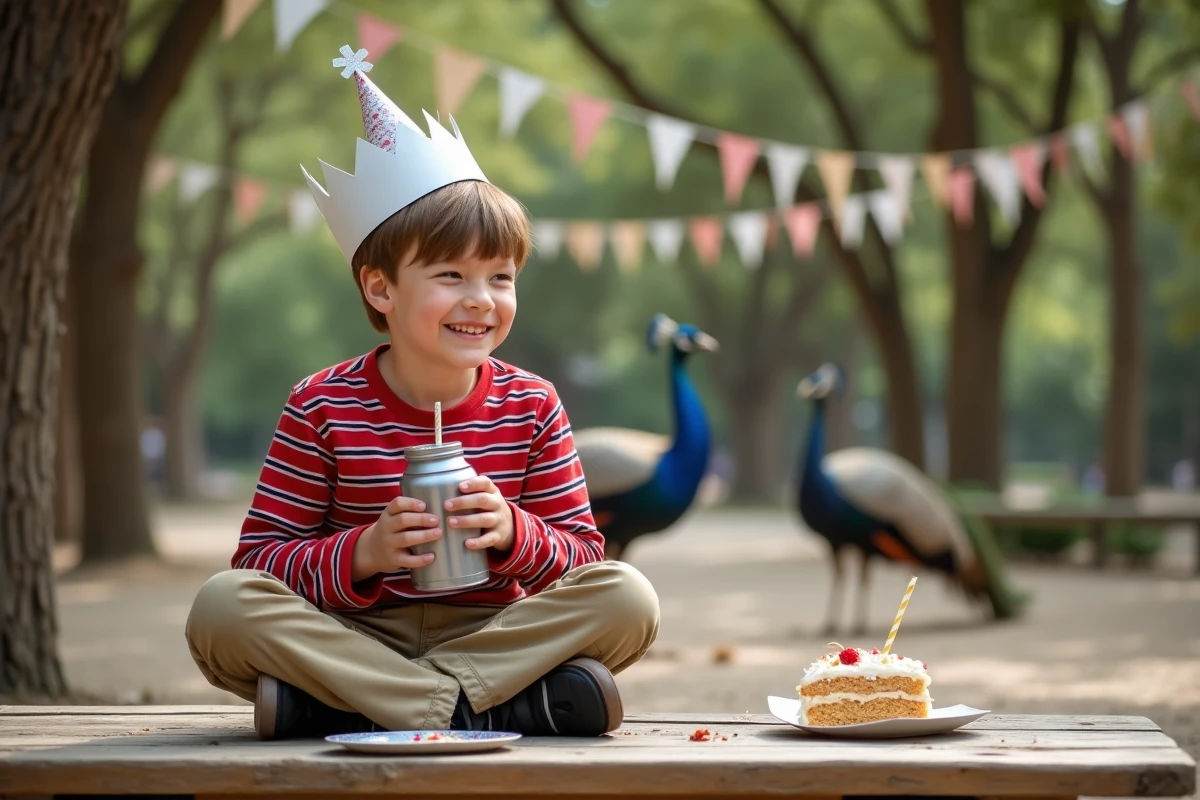 Garçon avec couronne d'anniversaire mangeant un gâteau lors d'une fête dans un parc animalier à Strasbourg avec un paon en arrière-plan