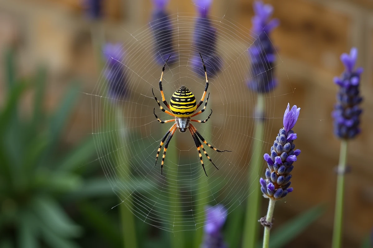 Araignée Argiope bruennichi au centre de sa toile en spirale dans un jardin méditerranéen avec des tiges de lavande séchées