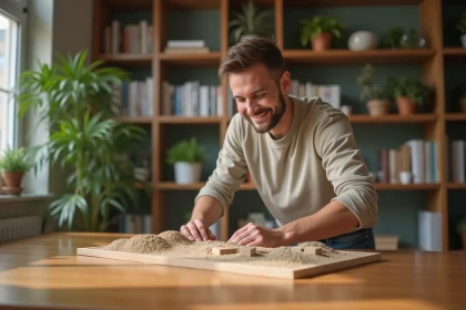 Jeune homme assemble un kit de ferme à fourmis en sand