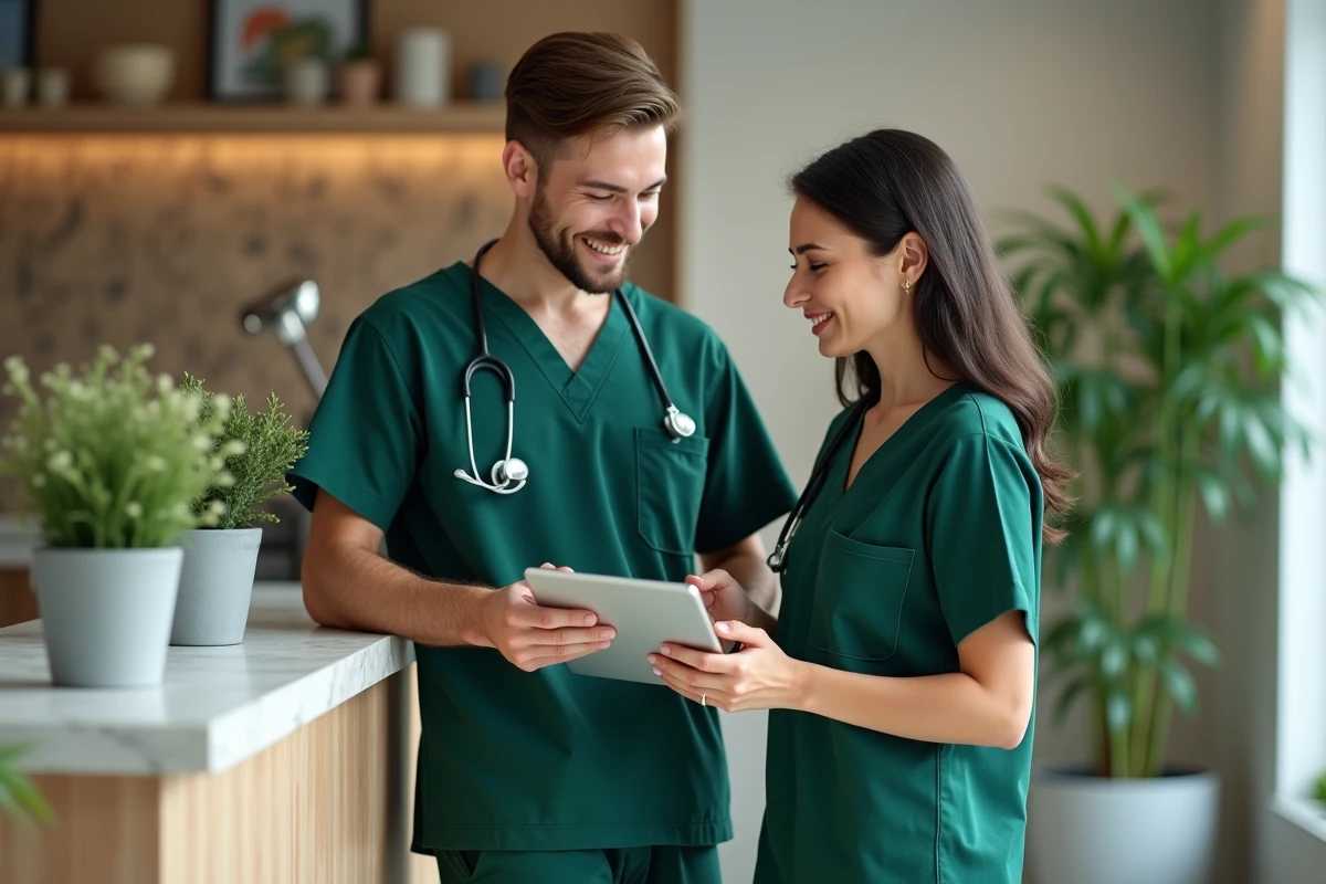 Jeune assistant vétérinaire avec tablette en discussion