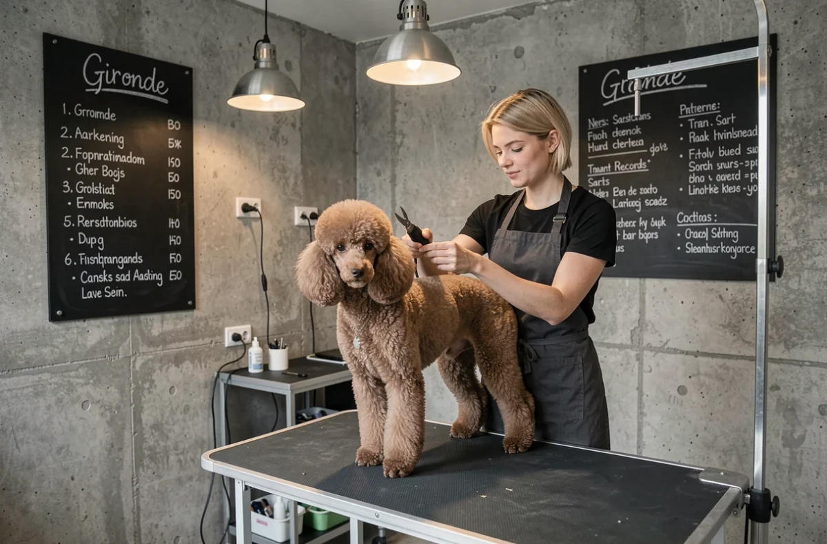 Toiletteuse finissant la coupe d'un caniche royal dans l'Atelier Woof en Gironde