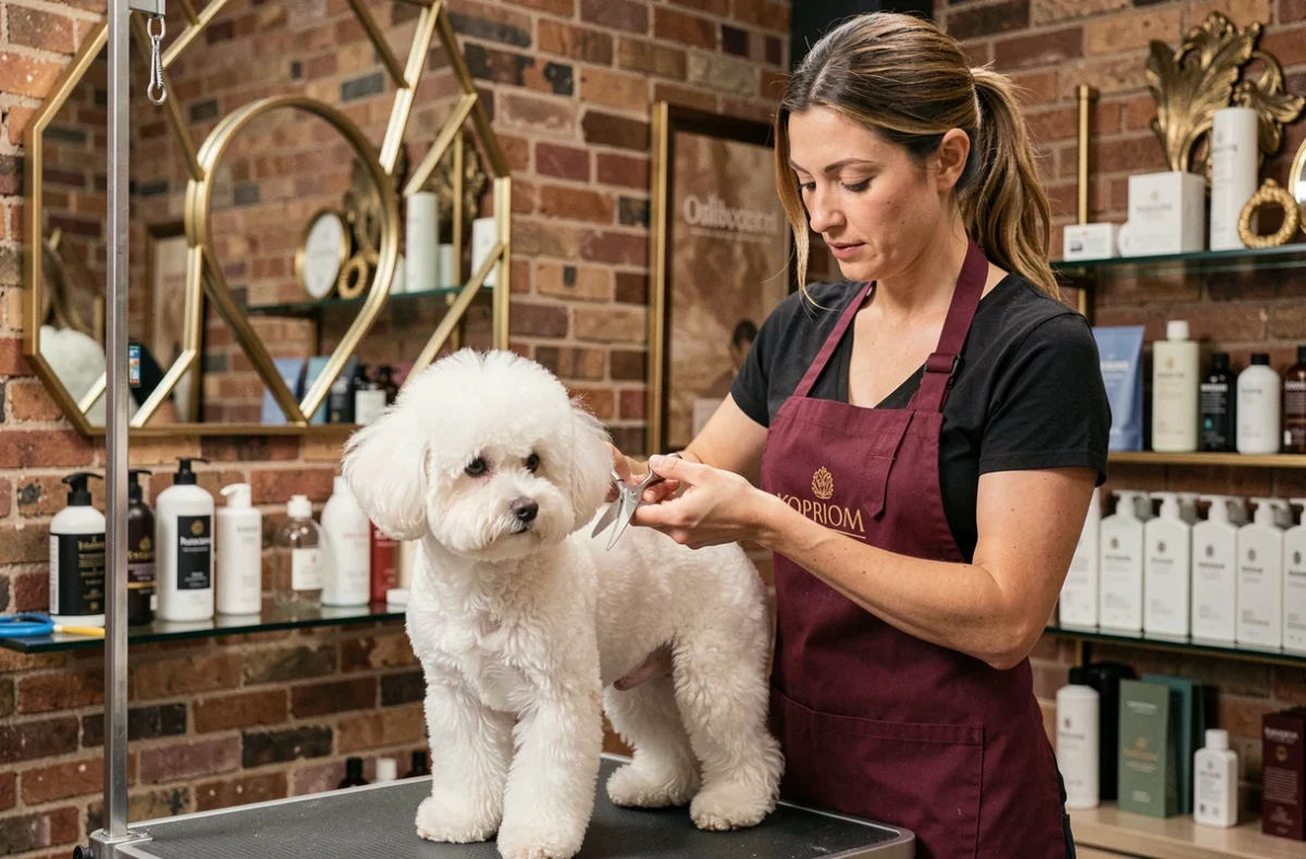 Toiletteuse taillant un bichon frisé blanc dans le salon Au Chien Beauté à Bordeaux