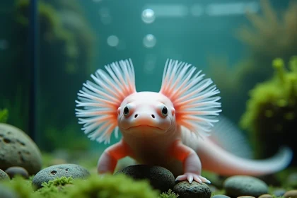 Axolotl rose aux branchies externes épanouies dans un aquarium d'eau douce, animal rare fascinant pour la science