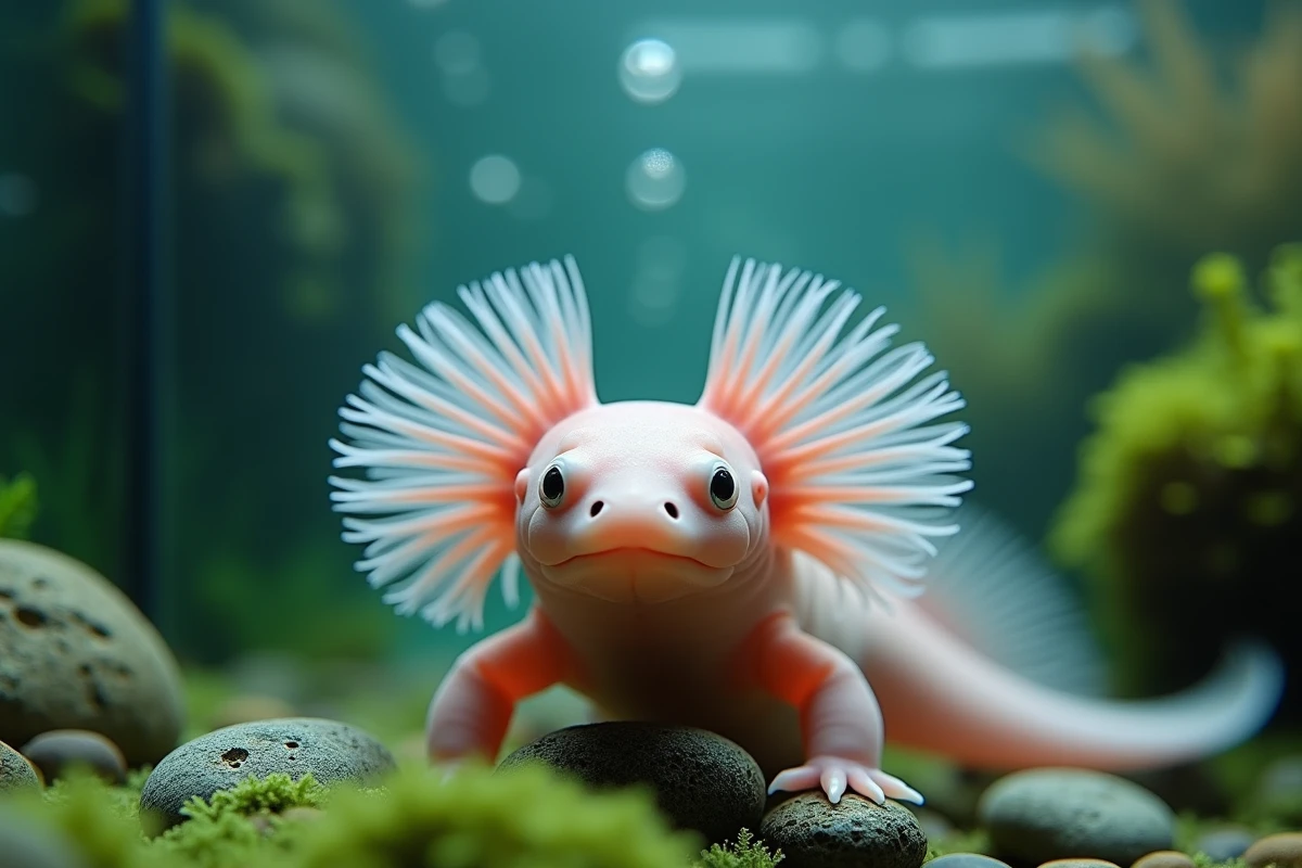 Axolotl rose aux branchies externes épanouies dans un aquarium d'eau douce, animal rare fascinant pour la science