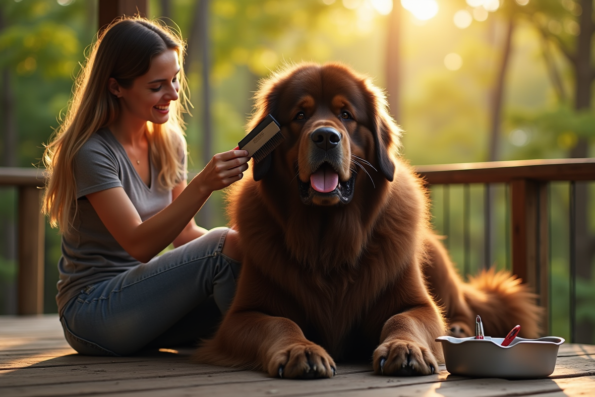 Bain et toilettage d un chien Newfoundland au matin