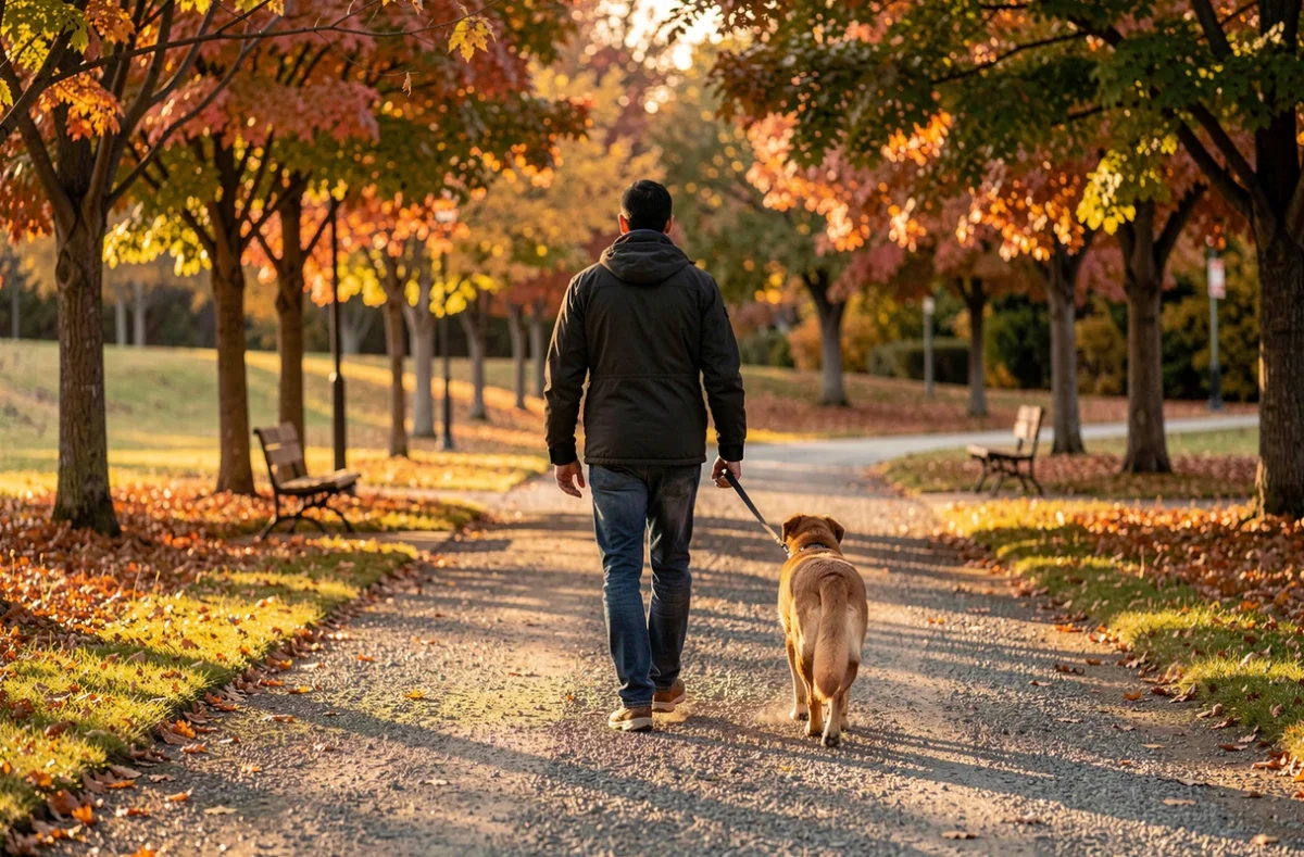Bénévole promenant un chien de refuge dans un parc