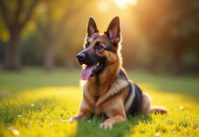Chien berger allemand assis dans un parc ensoleille avec couleurs vives