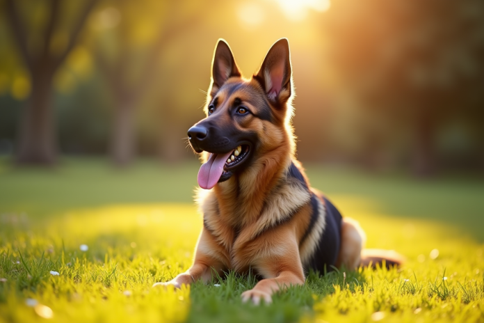 Chien berger allemand assis dans un parc ensoleille avec couleurs vives