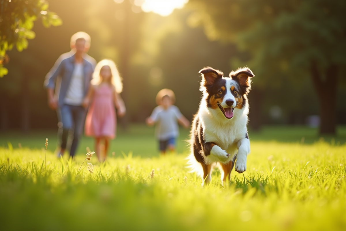 Chien berger australien courant dans un parc ensoleille avec famille heureuse