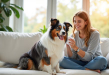 Chien berger australien tricolore assis sur un canapé blanc dans un salon lumineux