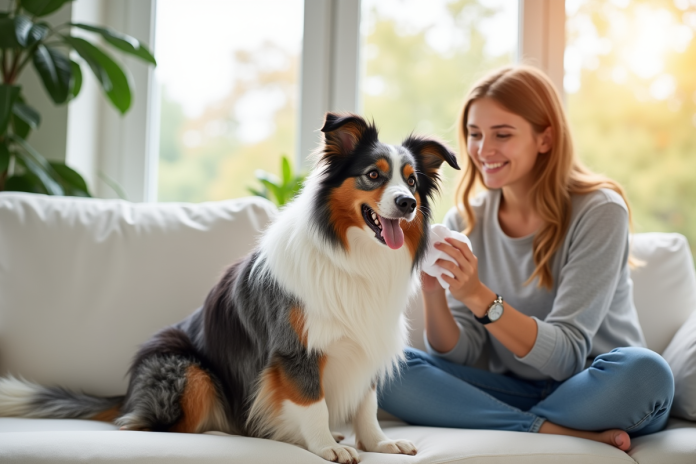 Chien berger australien tricolore assis sur un canapé blanc dans un salon lumineux