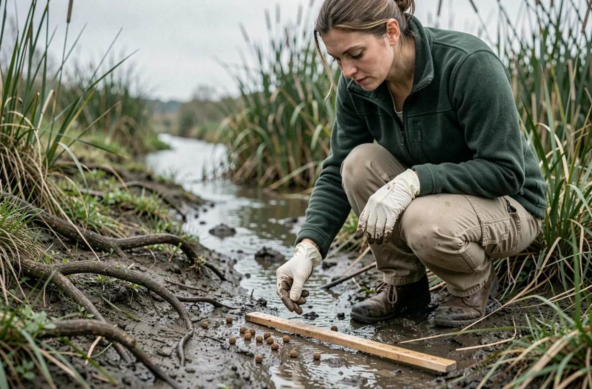 Biologiste femme accroupie qui examine des crottes d'animaux nocturnes au bord d'un sentier boueux en milieu humide avec un bâton de mesure