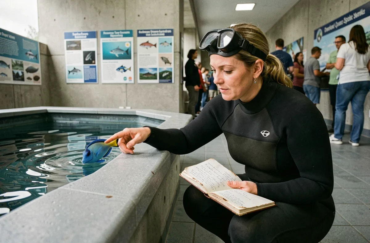 Biologiste marine pointant un poisson bleu dans un aquarium public, évoquant la recherche scientifique autour des troubles de mémoire chez les poissons