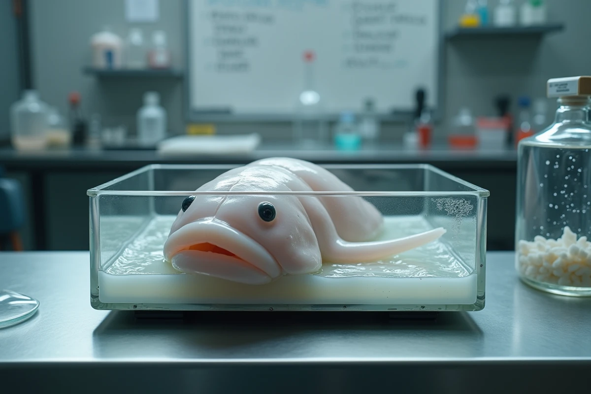 Blobfish ou poisson blob dans un bac de laboratoire scientifique, créature marine rare et étrange des grands fonds