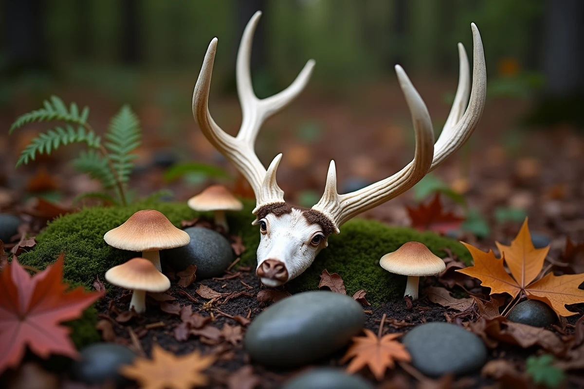 Bois de cerf tombé sur un sol forestier en automne entouré de feuilles et champignons, symbole de renouveau et de cycle spirituel