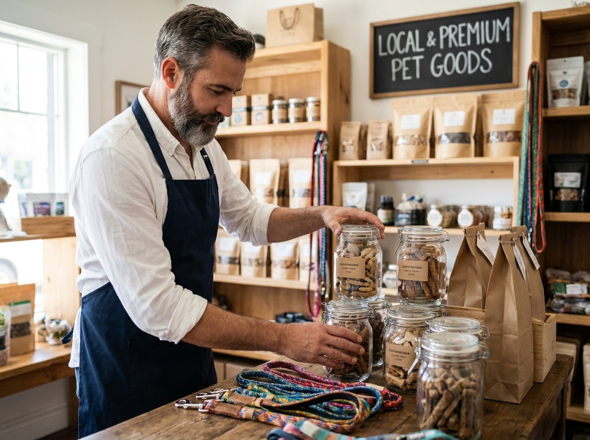 Propriétaire d'une boutique spécialisée pour animaux arrangeant des produits d'alimentation et des accessoires sur un comptoir en bois