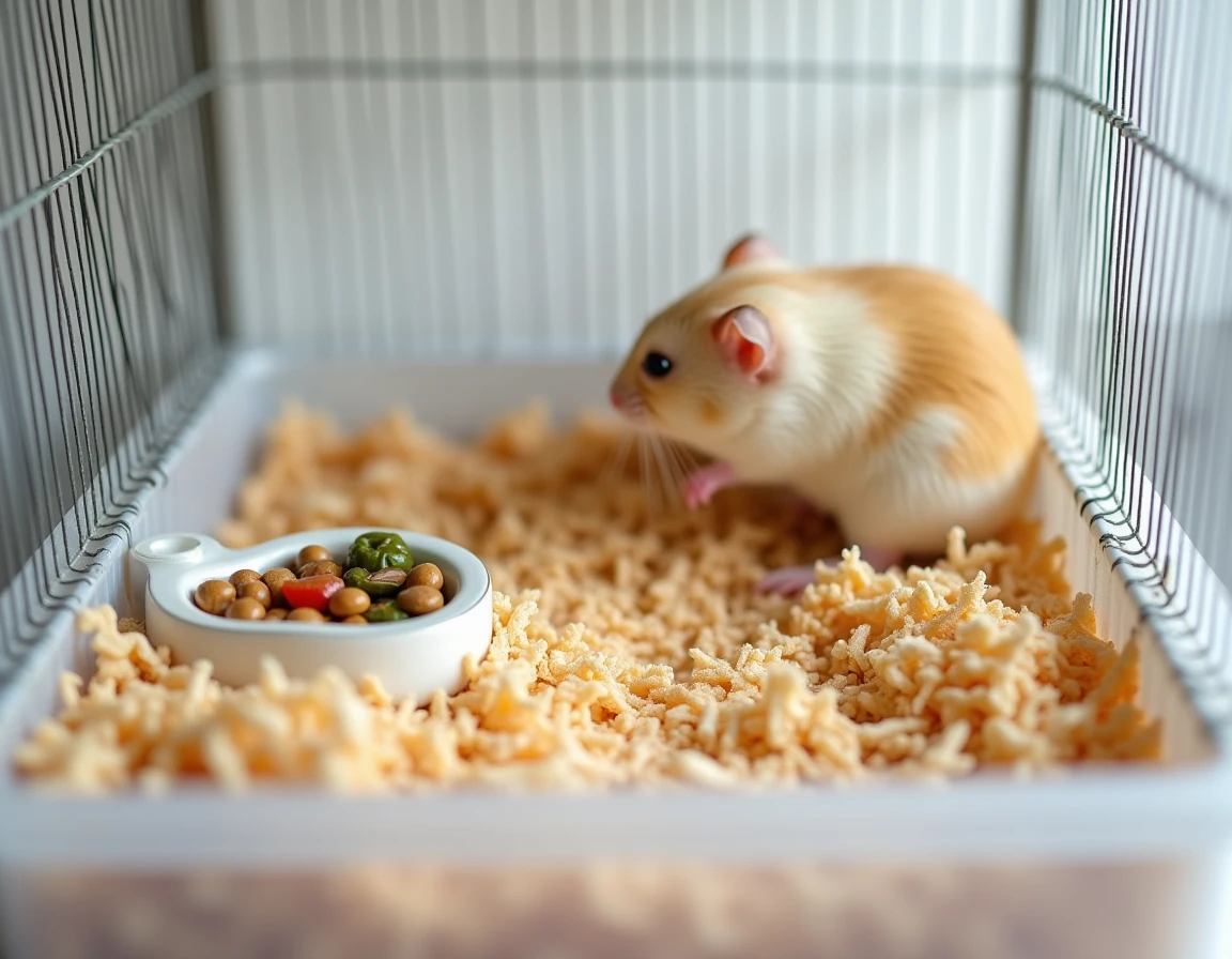 Cage de hamster entièrement préparée avec litière propre, zone de nidification en coton et gamelle remplie avant la naissance des bébés