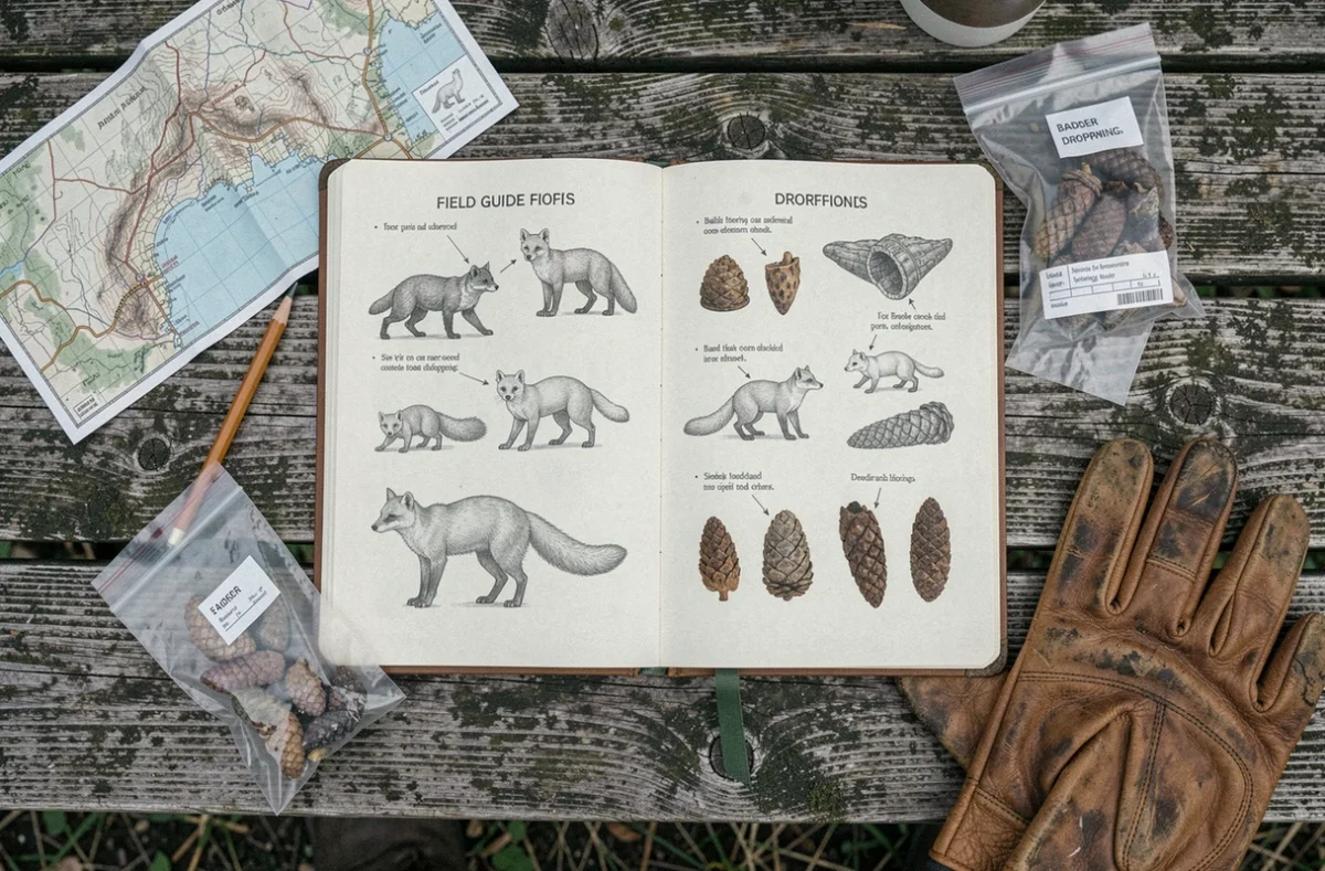 Carnet de terrain naturaliste ouvert montrant des schémas annotés de crottes de renard, martre et blaireau avec des sachets d'échantillons sur une table en bois