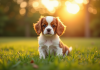 Chiot cavalier king charles dans un parc en fin d'après midi