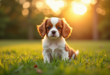 Chiot cavalier king charles dans un parc en fin d'après midi
