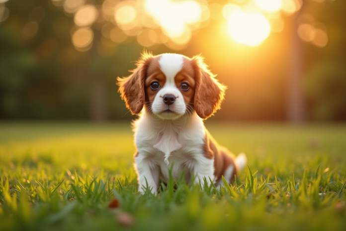 Chiot cavalier king charles dans un parc en fin d'après midi