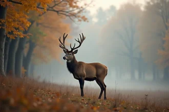 Cerf élaphe mâle avec bois imposants en lisière de forêt automnale brumeuse, photographie animalière naturaliste