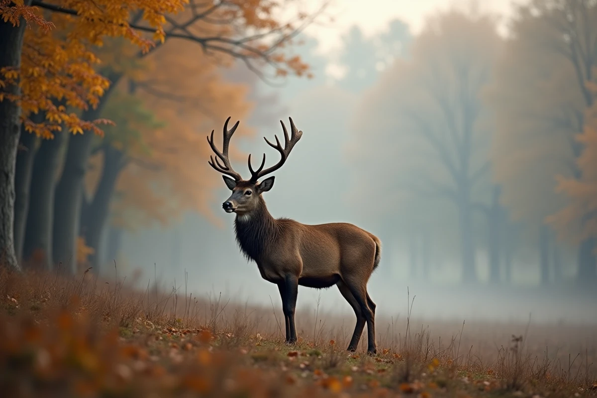 Cerf élaphe mâle avec bois imposants en lisière de forêt automnale brumeuse, photographie animalière naturaliste