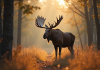 Cerf sauvage adulte dans la forêt ensoleillée