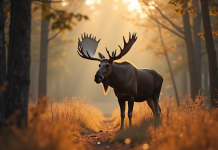 Cerf sauvage adulte dans la forêt ensoleillée