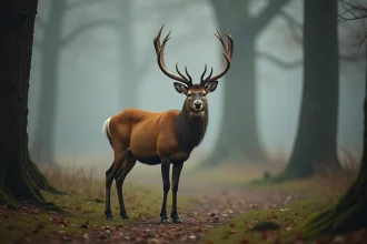 Cerf majestueux au lisière d'une forêt brumeuse au lever du jour, symbole spirituel de la nature et de la sérénité