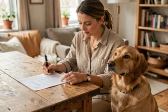 Femme signant un certificat de cession de chien à titre gratuit avec un golden retriever assis à ses côtés
