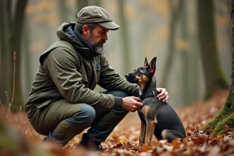 Chasseur avec un teckel au bord de la forêt en automne