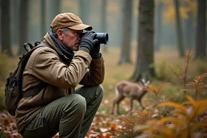 Chasseur en forêt automnale observant un chevreuil