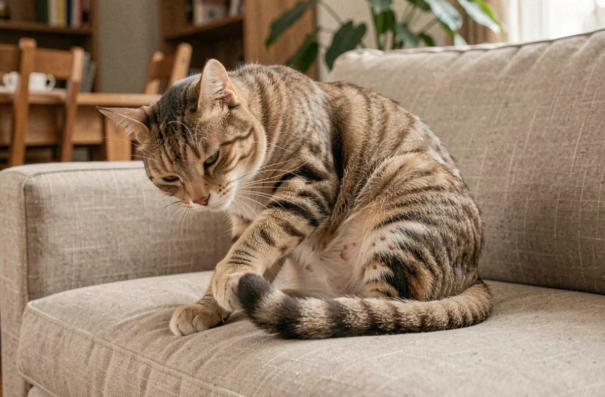 Chat domestique se grattant le dos sur un canapé en lin, présentant des rougeurs liées à une allergie aux piqûres de puces