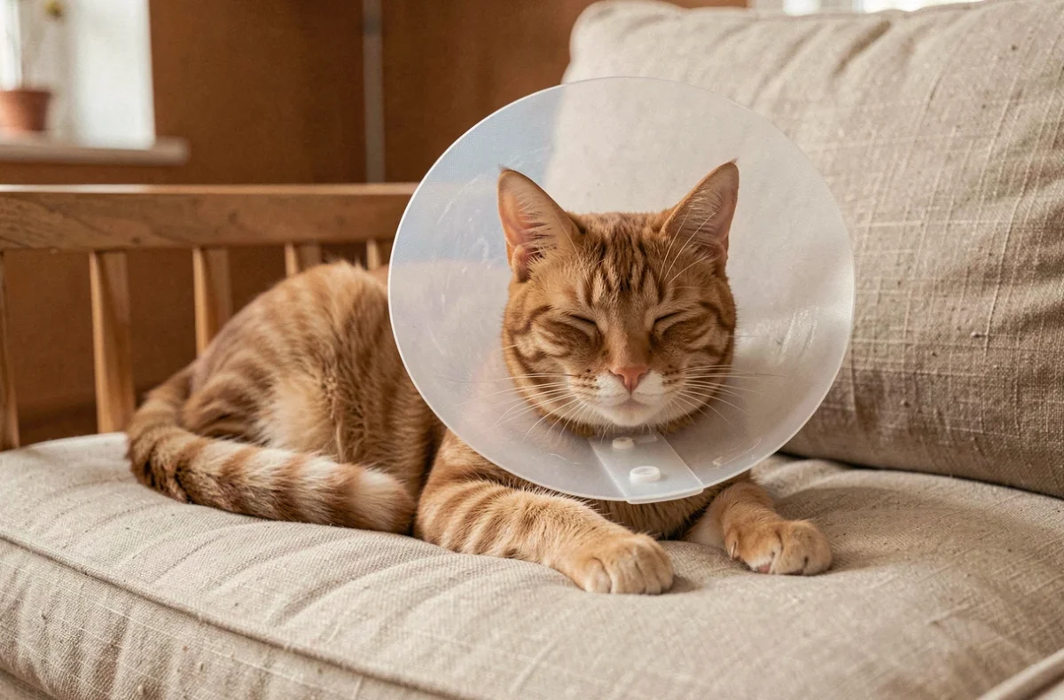 Chat tigré orange portant une collerette transparente allongé sur un canapé beige à la maison