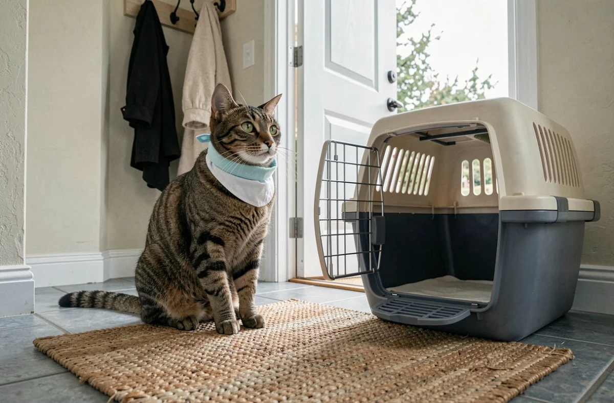 Chat avec collerette bleue assis près d'une porte d'entrée à côté d'une caisse de transport après une visite chez le vétérinaire