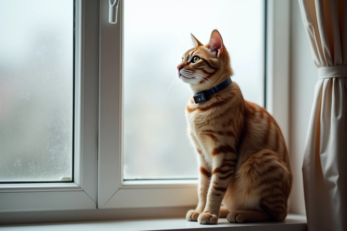 Chat tigré portant un collier GPS assis sur un rebord de fenêtre à l'intérieur d'un appartement