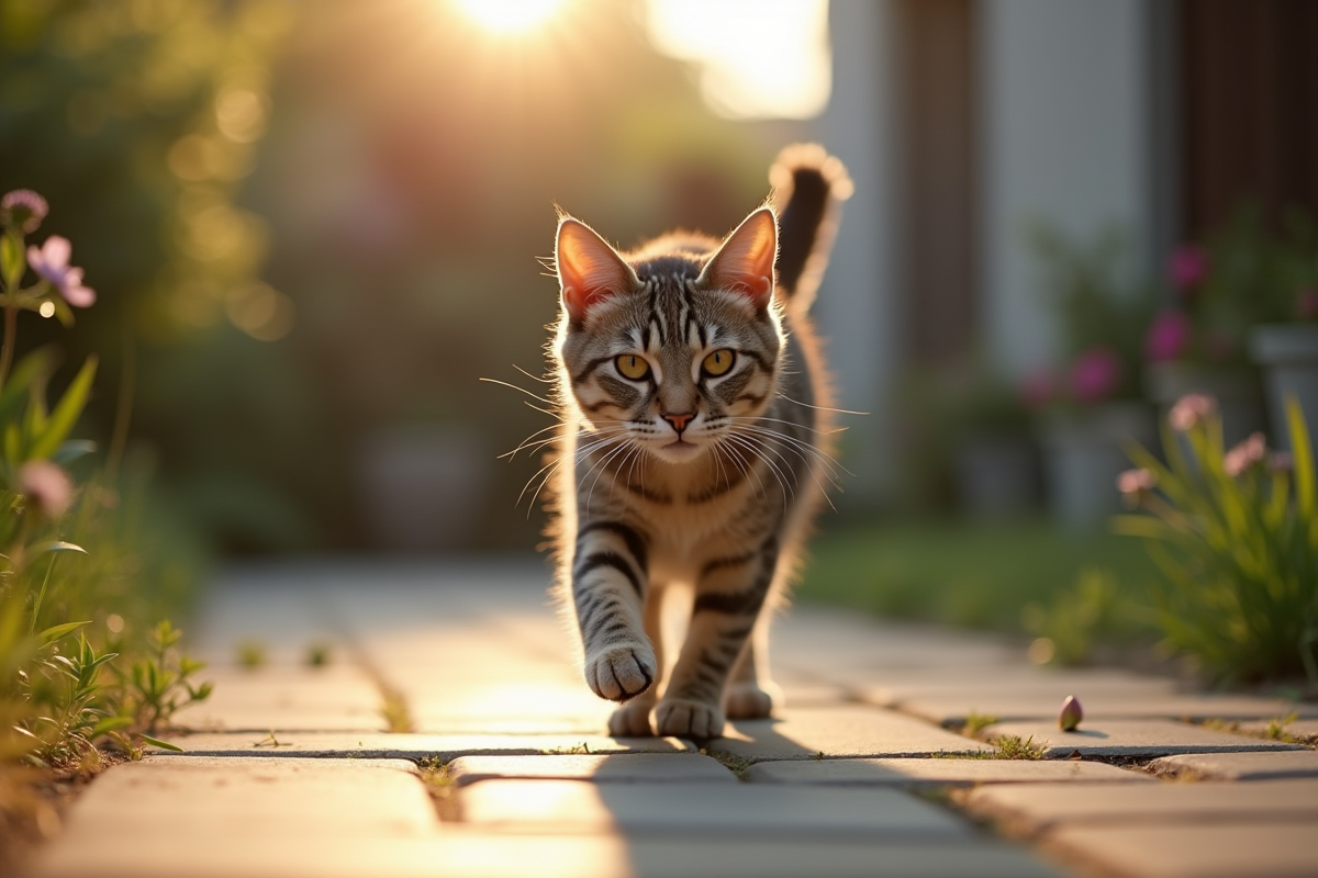 Chat diabétique se promenant dans un jardin au matin calme